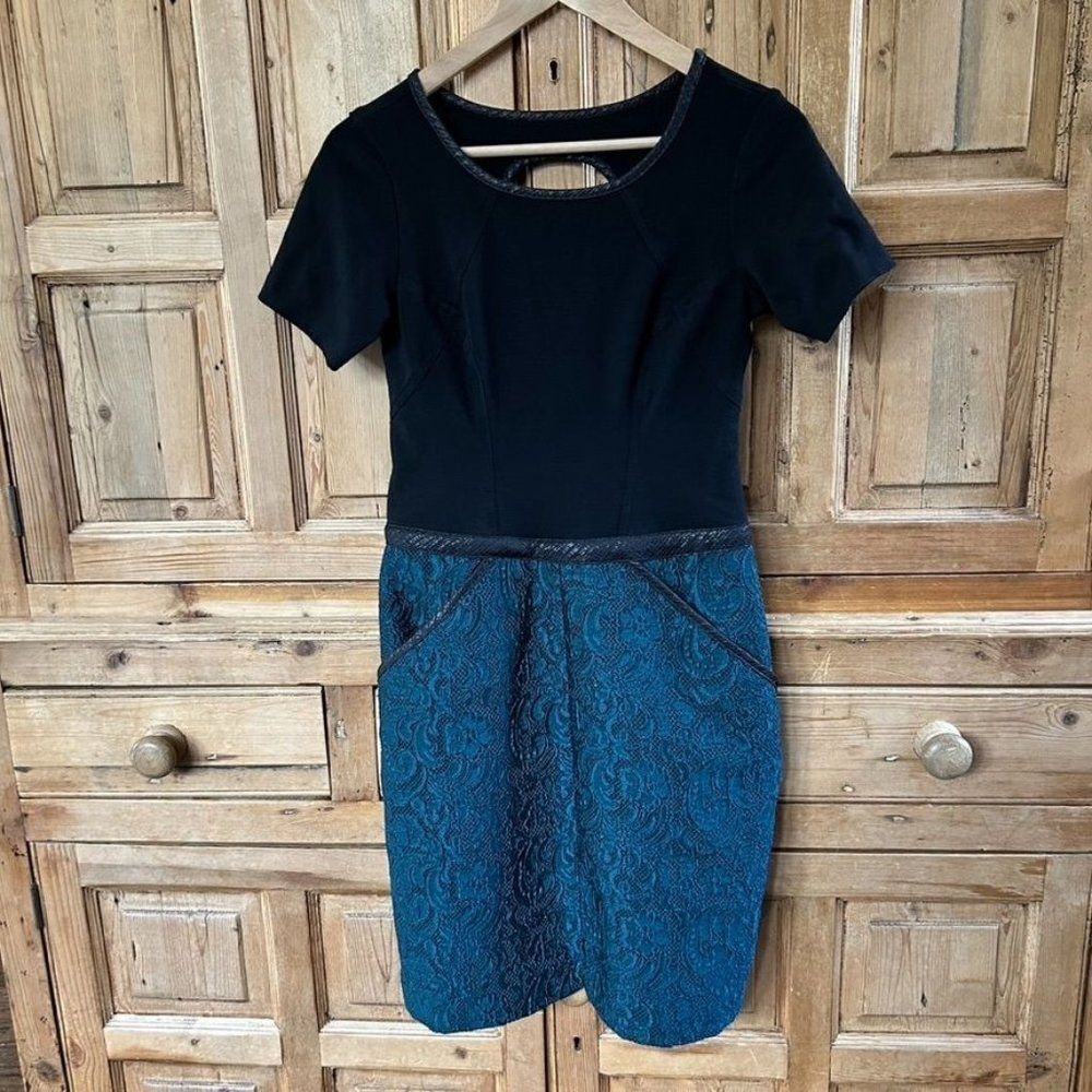 Yoana Baraschi 6 Black Teal Embroidered Lace Shirt Dress Pockets Anthropologie